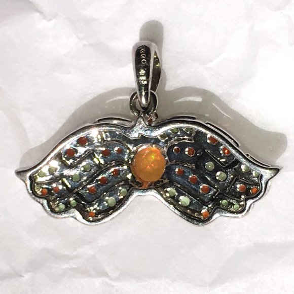 .925 Silver Opal, Tsavorite & Red Garnet Wings Pendant Angel Natural - Picture 7 of 16